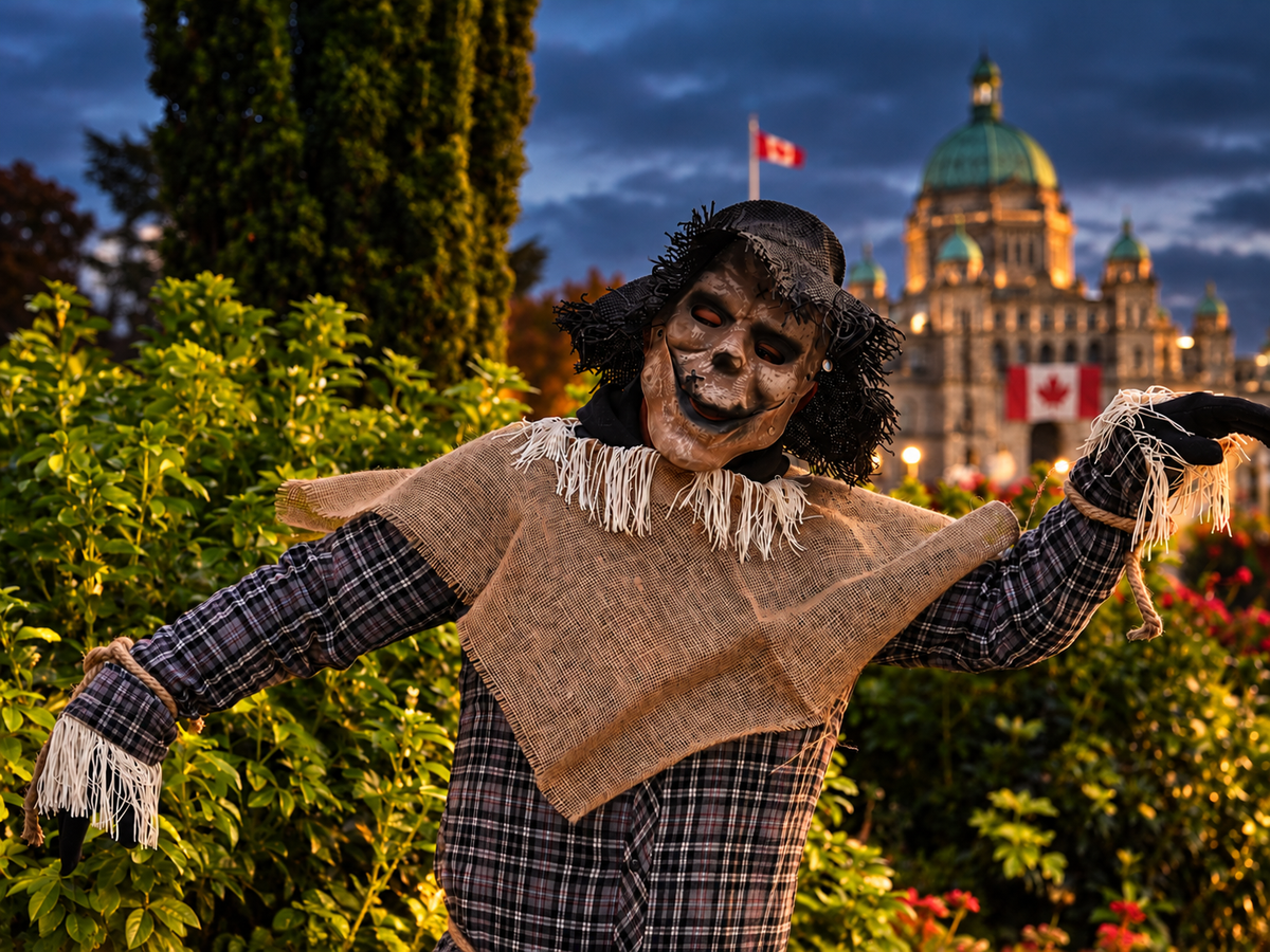 Scarecrow posing in front of the Parliament building in Victoria
