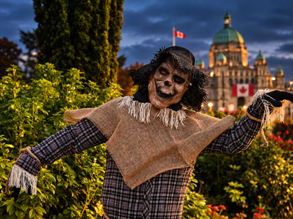 Scarecrow posing in front of the Parliament building in Victoria